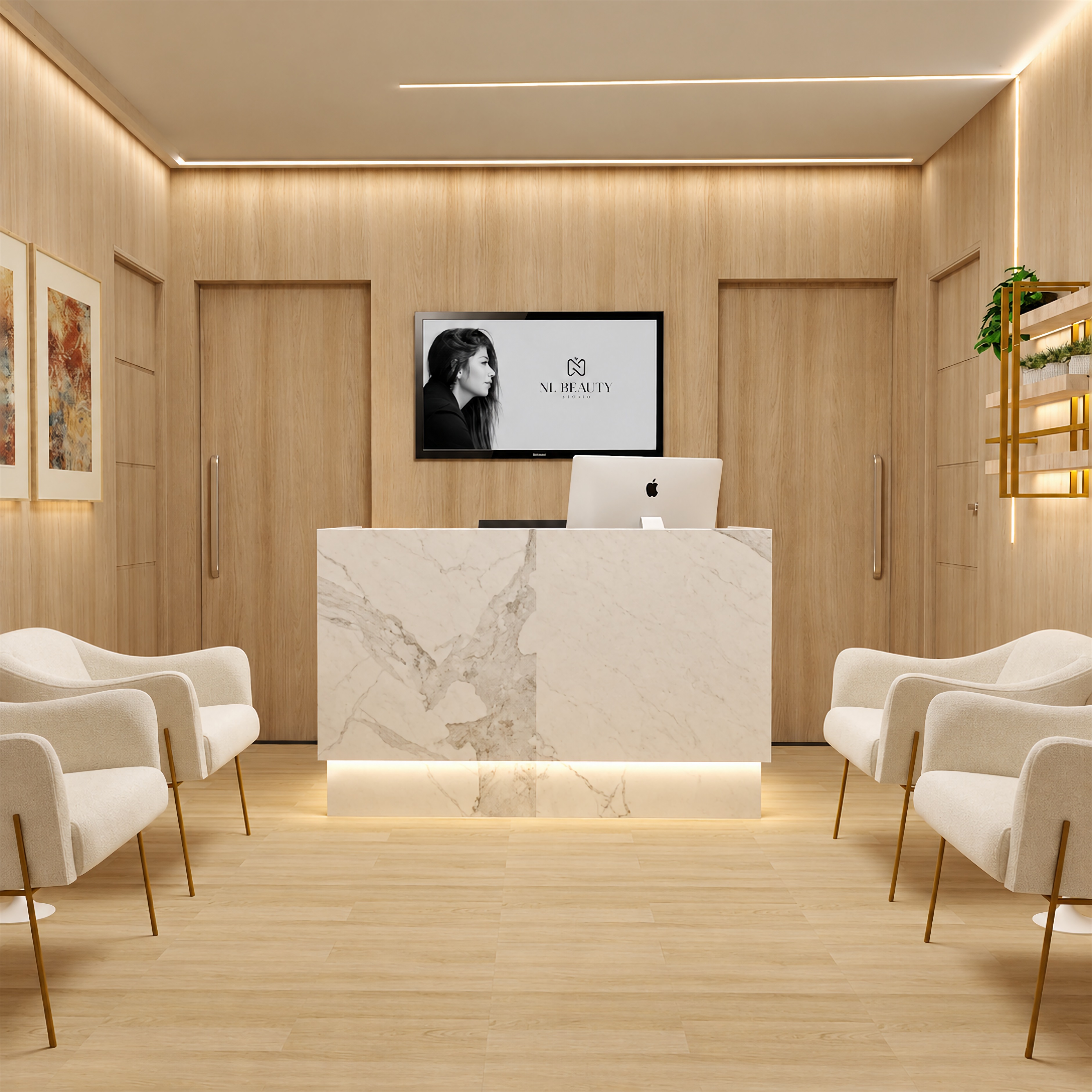 Render da recepção da clínica de estética: balcão em mármore iluminado, painéis de madeira e poltronas claras